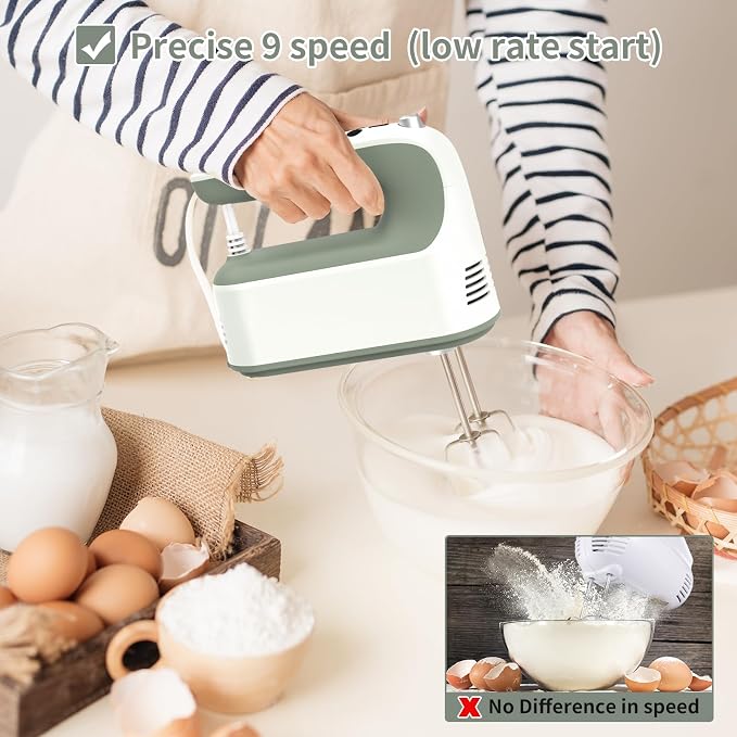 Yomelo 9-Speed Digital Hand Mixer Electric, 400W Powerful DC Motor, Hand Mixer Electric Handheld with Snap-On Storage Case, 5 Stainless Steel Accessories, Beaters, Dough Hooks, Whisk(Light Green)