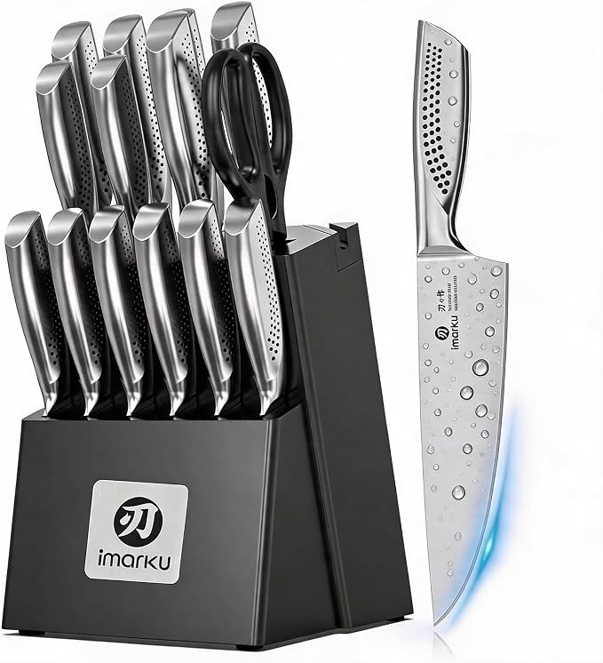 imarku 15PCS Kitchen Knife Set with Block,High Carbon Stainless Steel,Black | Built-in Sharpener,Dishwasher Safe,Ergonomic Non-Slip Handle,Space-Saving Knife Block,Ideal for Daily Cooking & Gifts