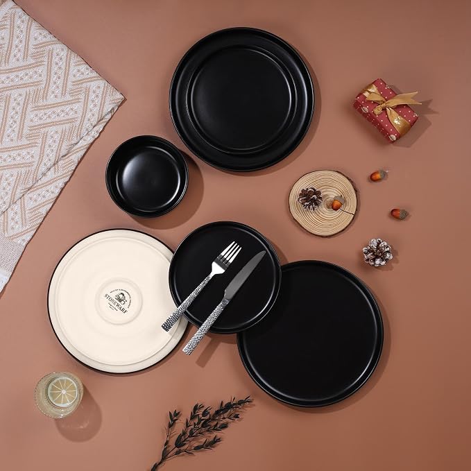 LIANYU Plates and Bowls Sets for 2, 6 Piece Stoneware Dinnerware Set, Porcelain Dishware for Kitchen and Dining, Microwave Oven Dishwasher Safe, High temperature & Scratch Resistant, Matte Black