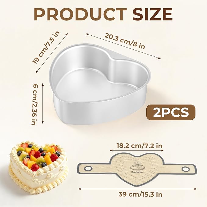 8 Inch Heart Shaped Cake Pan Set with Reusable Silicone Baking Mat（2 Pack） | Aluminum Heart Cake Mold with Silicone Sling, Nonstick, Heat Resistant, Easy to Clean & Release, for Kitchen Birthday Wedding