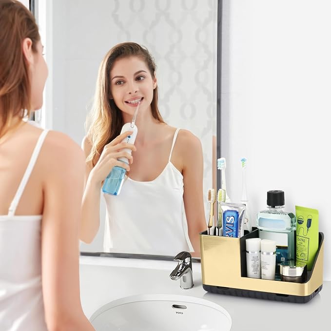 Toothbrush Holders for Bathroom Counter Organizer (Brushed Gold Grain) | Easy To Clean, Drainage, Non-Slip, Detachable, Kids Electric Toothbrush and Toothpaste Holder for Bathroom