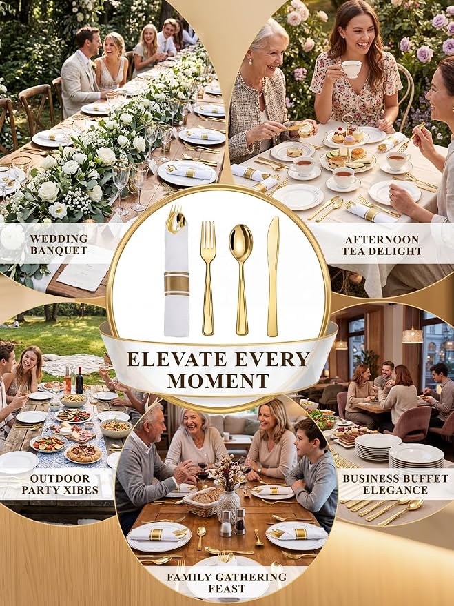 30 Pack Pre Rolled Gold Plastic Silverware, Linen Feel Napkins | Heavy Duty Disposable Wrapped Flatware Cutlery Set for Weddings, Graduation Parties, Upscale Catering & Events