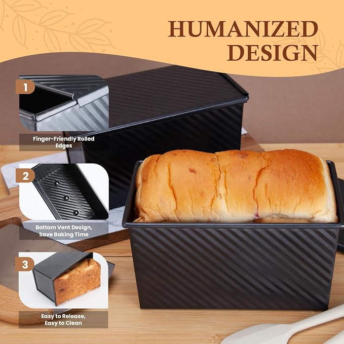 CARTMAN 2-Pack 1 LB Pullman Loaf Pan with Lid, Carbon Steel Set, Black | Includes spatula & brush, 1 lb dough capacity, nonstick carbon steel, bottom vents, ideal for square bread & toast slices