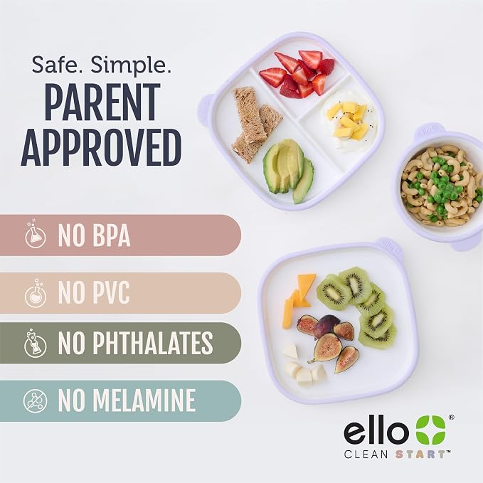Ello Clean Start Ceramic Toddler Divided Plates, 2 Pack, Cashmere Pink/Dune | Porcelain toddler tableware for meals and snacks with silicone sleeves, microwave safe, dishwasher safe, and BPA-free