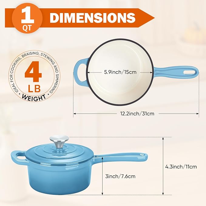 Homikit Small Cast Iron Pot, 1 QT Enameled Cast Iron Sauce Pan with Lid, Heavy Duty Enamel Dutch Oven Kitchen Cookware for Making Pasta, Boiling Soup, Warming Milk, Nonstick & Oven Safe, Sky Blue