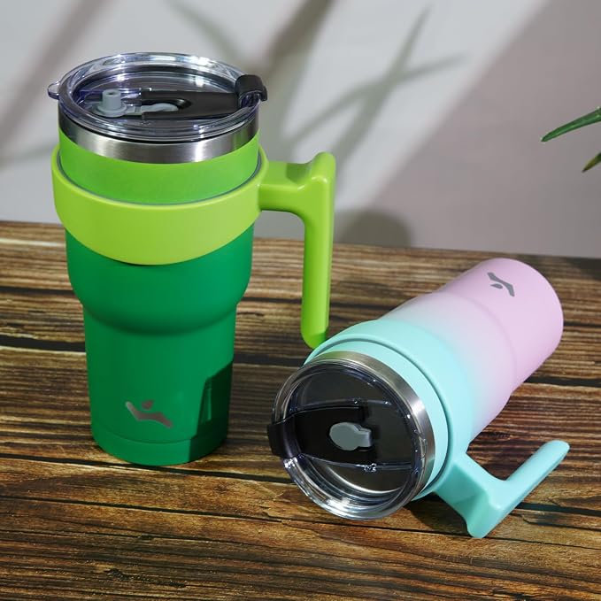 Konokyo 20 oz Tumbler with Handle and Straw, Insulated Travel Mug | Matcha Green; BPA-free, leak-proof tumbler with 2 lids, 2 straws, cup holder fit for coffee, office, travel & daily use