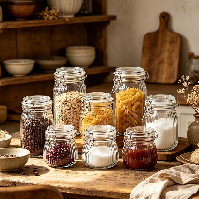 ComSaf Small Ribbed Glass Jars with Airtight Lids 17 oz 6 Pack Wide Mouth | Flour sugar coffee beans, Fermenting pickling, Farmhouse pantry decor, Jam jelly honey, Nuts snacks spices, Kitchen storage