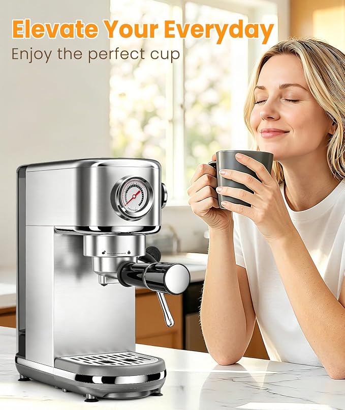 atatix Espresso Machine with Milk Frother, 20 Bar Pressure Espresso Maker | with 44OZ Removable Tank, Compact Stainless Steel Coffee Machine for Home, Office, Latte, Cappuccino, Macchiato, Silver