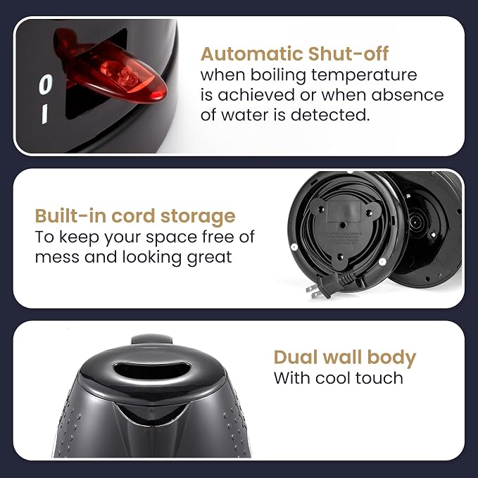 Elite Gourmet EKT5051 1.7L Electric Water Kettle, BPA-Free Fast Boil, Black | Auto Shut-Off, Boil-Dry Protection, 360° Swivel Base Cordless Serving, Clear-View Water Level Window