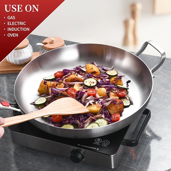 Inqibee 13 Inch Stainless Steel Frying Pan with Lid, Detachable Handle | Tri-Ply Stainless Steel Skillet, Fast & Even Heating, Stay-Cool Removable Silicone Handle, Induction Ready, Dishwasher Safe