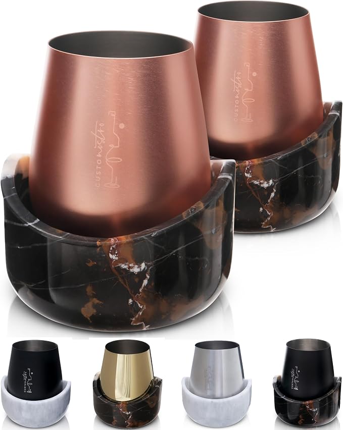 Gusto Nostro Marble Wine Chiller for Glass and Stainless Steel Tumbler Set of 2 - Wine Glass Chiller Holder for Freezer - Cool Set Chillers & Stemless Wine Metal Tumblers for Home,Bar (RoseGold Black)