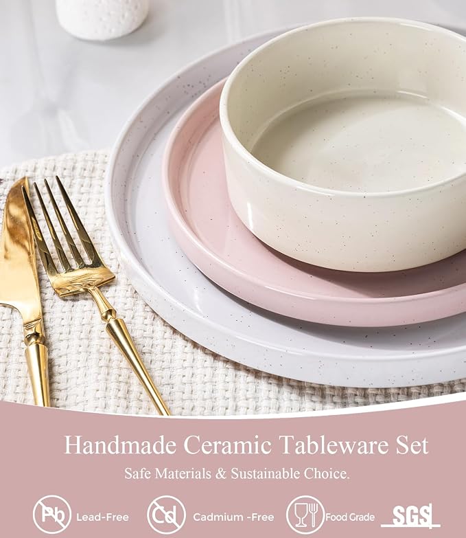 AmorArc Stoneware Dinnerware Sets for 4,12Pcs Plates and Bowls Set | Handmade Ceramic Dish Set,Dishwasher & Microwave Safe,Scratch Resistant-Colorful