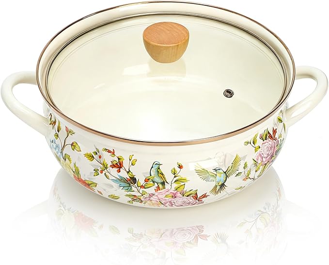 Elsjoy 4.2 Quart Vintage Enamel Stock Pot with Lid and Handle, Floral Cooking Pot Large Kitchen Simmer Pot, Vintage Enamelware for Induction Cooktop, Gas Stove