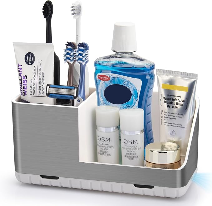 Toothbrush Holders for Bathroom Countertop Organizer (Brushed Silver Grain) | Easy To Clean, Drainage, Non-Slip, Detachable, Kids Electric Toothbrush and Toothpaste Holder for Bathrooms
