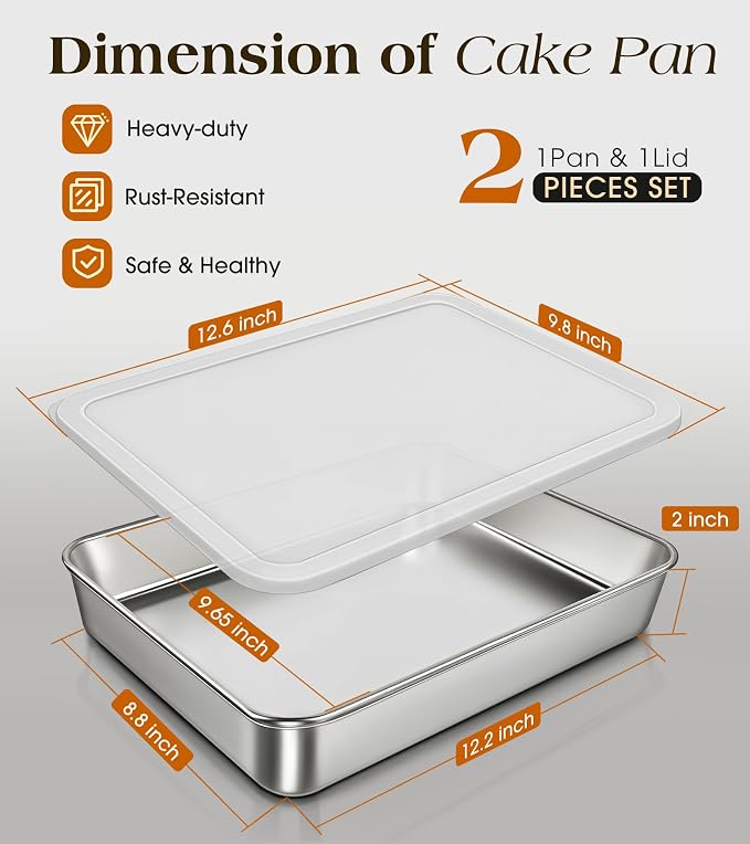 304 Stainless Steel Baking Pan with Lid, 12⅓ x 9¾ x 2 Inch Rectangle Sheet Cake Pans with Covers, Commercial Grade Bakeware for Cakes Brownies Casseroles, Non-toxic & Heavy Duty & Dishwasher Safe