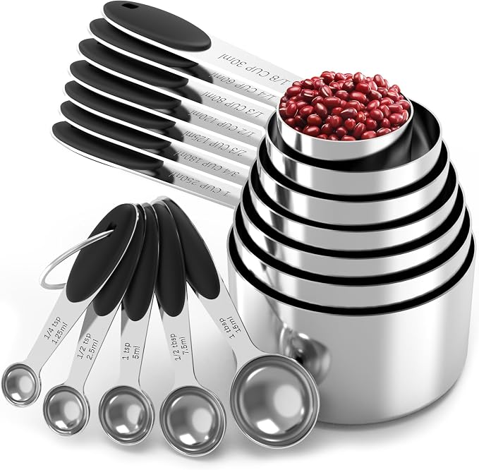 Stainless Steel Measuring Cups and Spoons Set with Silicone Handle – Nesting Design for Space-Saving, Heavy Duty & Dishwasher Safe for Dry/Liquid Ingredients, Cooking & Baking (12)