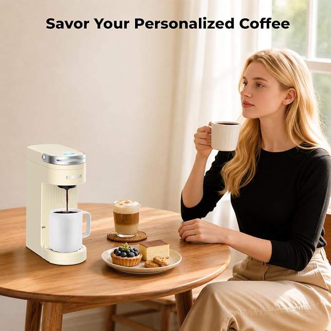 CHULUX Compact Single Cup Coffee Maker for K Cup Pod, Auto Shut-Off, Cream | Fast-Heating Boiler System, 4-Hole Needle for Richer Flavor, Adjustable Drip Tray for 7.3" Travel Mug, Food Grade Material