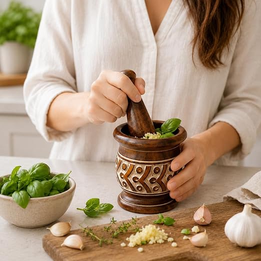 Handmade Wooden Mortar & Pestle Set, Herb Spice Garlic Masala Grinder Bowl | Rustic manual kharal crusher for ginger, peppercorns, seasonings, pesto, guacamole, pill crusher, easy to clean, kitchen prep