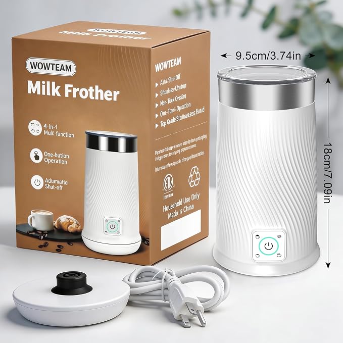 Milk Frother 4-in-1 Electric Milk Steamer, Hot Cold Foam Milk Maker, White | milk frother steamer with hot & cold foam modes 350ml capacity fast frothing for latte cappuccino macchiato & chocolate