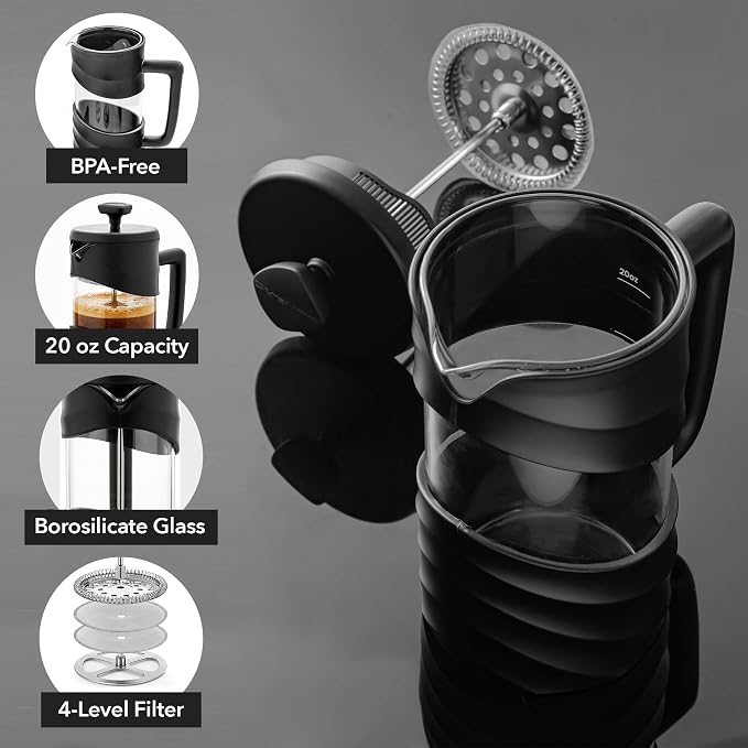 OVENTE 20oz French Press Coffee Maker with 4-Level Filtration, Black FPW20B | Heat-Resistant Borosilicate Glass Cafetiere, Dishwasher Safe Stainless Steel Filter, Compact Cold Brew for Travel and Camping