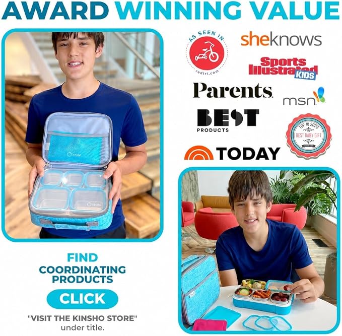Stainless Steel Kids Bento Lunch Box with Insulated Bag & Ice Pack for Toddler Daycare, Kids or Adults, Leak Proof School Meal Container, Snack Food Containers, 5 Compartment Snackle-box 34 Oz Blue