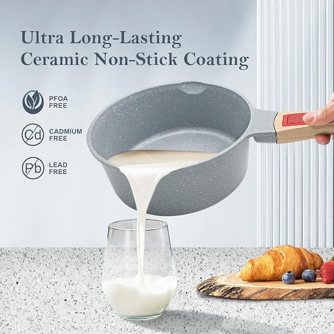 AIKENBBKK 1.5 Quart Ceramic Nonstick Saucepan with Lid, Small Sauce Pot with Pour Spouts for Multipurpose Use, milk Pan with Detachable Handle, Oven Safe, Blue