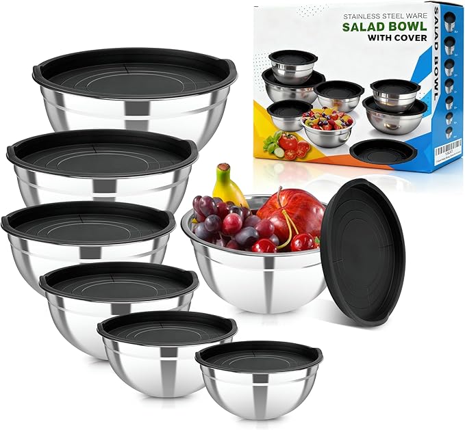 7 Pack Stainless Steel Mixing Bowls with Airtight Lids Set | 4.5qt, 4, 3.5, 2.1, 1.5, 1.1, 0.7QT, Nesting Design Metal Mixing Bowls Salad Bowl for Mixing, Prepping and Serving Food