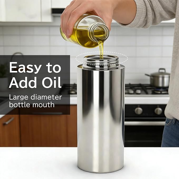 moniko Olive Oil Sprayer for Cooking, Olive Oil Dispenser Bottle, Stainless | Reusable, 16oz, 2-in-1 Even Spray & Silky Pour, Olive Oil Mister Spray Bottle for Cooking, Air Fryer, BBQ, Salad, Baking