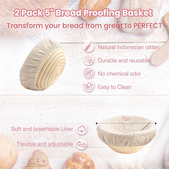 YONILL Mini Double Dutch Oven with Lid for Sourdough Bread Baking (Pink) | Enameled Cast Iron Pot with Lid, 5" Banneton Bread Proofing Basket Include, Dual Round Bread Loaf Pan for Homemade Baking