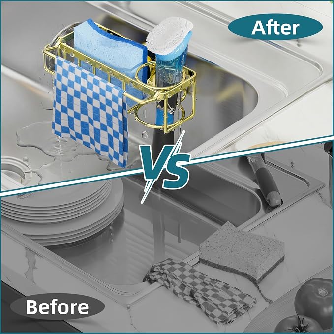TAILI 4-in-1 Sink Caddy for Kitchen Sink with Strong Suction Cup-Gold | Removable Sponge Holder for Kitchen Sink Organizer, Rustproof 304 Stainless Steel Holder for Sponge, Brush, Scrubber, Scraper