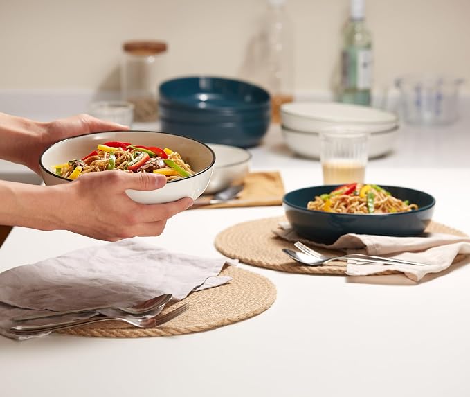 KooK Pasta Bowl, For Soups and Salads, Serving Bowls, Large Capacity, Microwave & Dishwasher Safe, Set of 4, 40 oz, (French)