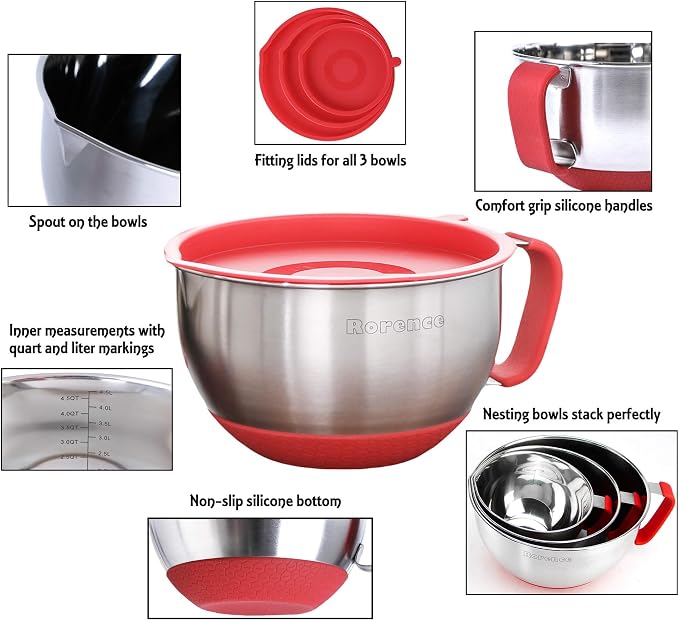 Stainless Steel Mixing Bowls: Metal Mixing Bowl Set with Lids and Handles Non-slip Silicone Bottom Nesting Bowls for Kitchen Set of 3 - Red