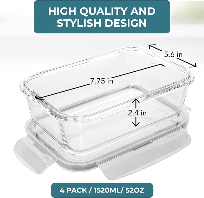 Razab 6.5 Cups / 52 Oz 4 Piece (2 Containers + 2 Lids) Glass Food Storage Containers Set with Airtight Locking Lids - For Storing, Baking & Serving BPA Free, Leakproof - Microwave, Freezer & Oven Safe