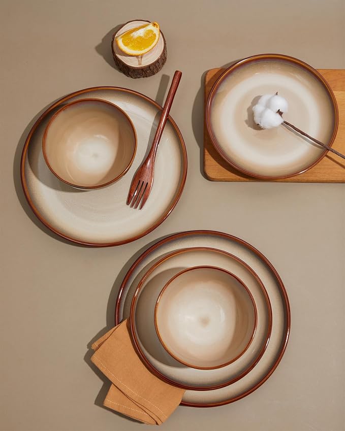 Ceramic Dinnerware Sets for 6, 18 Pieces Stoneware Plates and Bowls Sets, Chip and Crack Resistant Dishes, Dishwasher & Microwave Safe Dishware Sets, Brown Yellow
