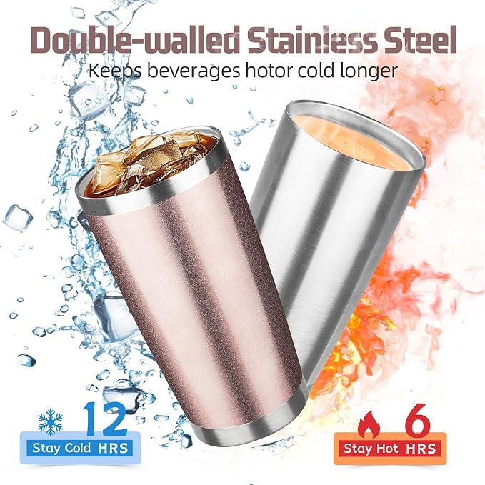 20 oz Tumbler with Lids and Straws, Stainless Steel Insulated Travel Coffee Mug, Double Wall Vacuum Insulated Tumblers, Powder Coated Coffee Tumbler for Cold & Hot Drinks (Rose Gold)