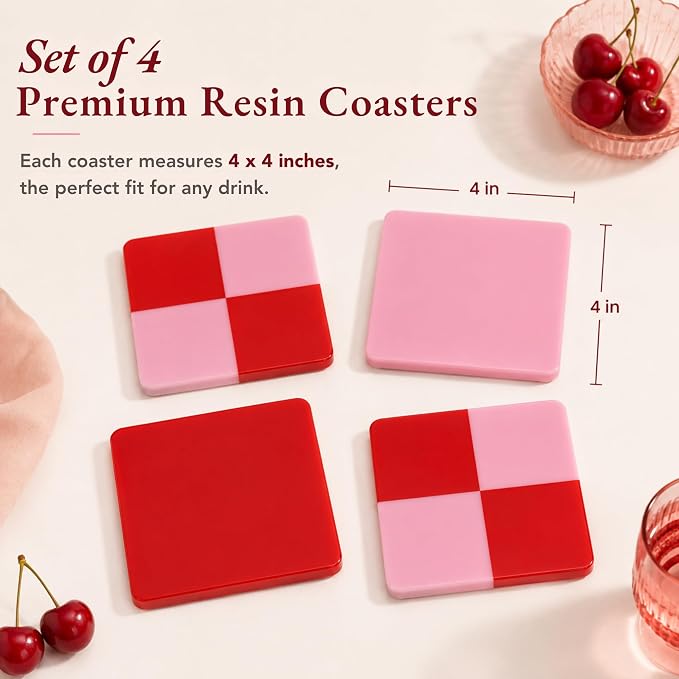Folkulture Pink & Red Decorative Coasters Set of 4, Non Slip, 4 Inch | Coffee Table, Farmhouse Decor, Modern Home Decor, Easy to Clean, Housewarming Gift