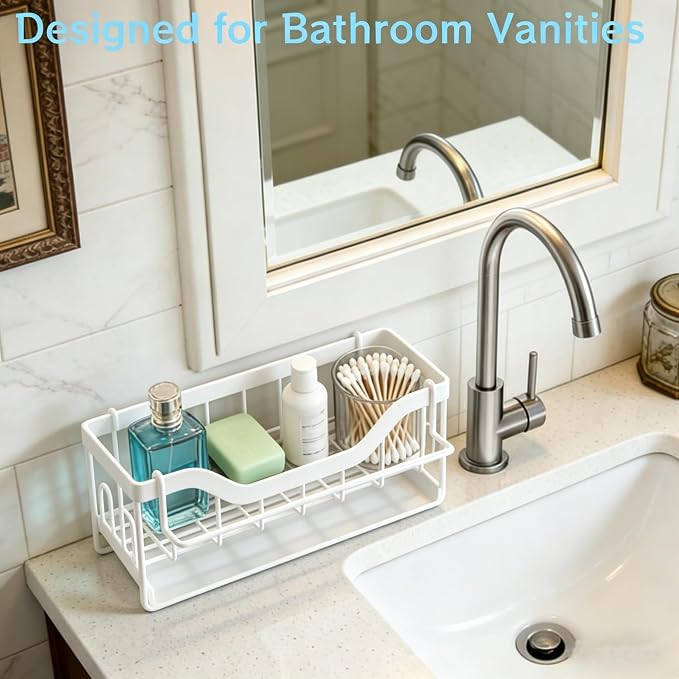 Sponge Holder for Kitchen Sink - Sink Caddy Organizer with Auto Drain Tray, Detachable Towel Rack, Stainless Steel Kitchen Counter Organizer Rack (White)