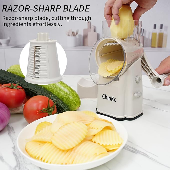 Upgrade Rotary Cheese Grater Shredder with Handle, Strong Suction Base, Multi-purpose Rotary Grater Slicer with 5 Interchangeable Blades for Ice, Vegetables, Fruit, Nuts with Blade Storage Box
