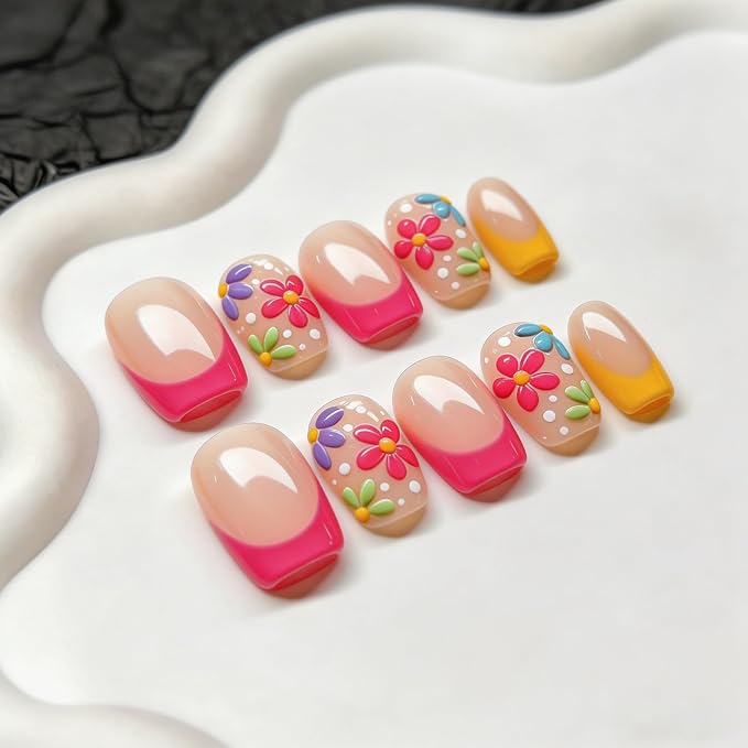 Colorful Flower Press on Nails Muti-Layer Gel Thick Handmade Press on Nails Short Square Acrylic Nails Spring Summer False Nails Full Cover Rose Pink Glossy Acrylic False Nails for Women (M)