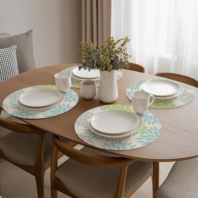 Artoid Mode Sage Dahlia Plastic Round Placemats Set of 4, 14 Inch Seasonal Washable Woven Vinyl Table Mats for Farmhouse Party Kitchen Dining Decor