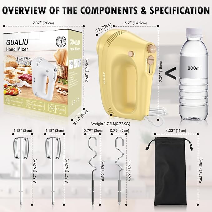 GUALIU Electric Hand Mixer, 304*(2* Beaters, 2* Dough Hooks), (1* Storage Bag) Handheld Mixer for Baking Cakes, Eggs, Cream Food Mixers, Turbo Boost /5 Speed Kitchen Blender YELLOW