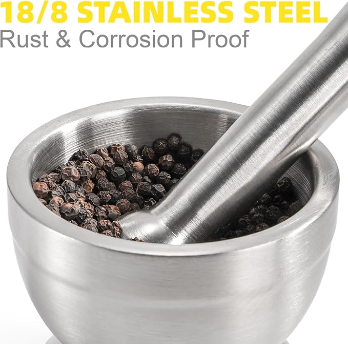 Bekith Mortar and Pestle Sets 18/8 Brushed Stainless Steel Spice Grinder Pill Crusher Molcajete Herb Bowl