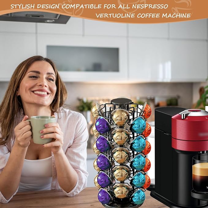 Nespresso Pods Holder Tower Stand,Vertuo Pod Holder 40 Pods Capacity,Black | Coffee Pods Holder Organizer Fits Vertuo Pods, 360°Revolving Pod Carousel, Space-Saving for Countertop,No Assembly Required