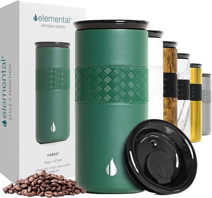 Elemental Artisan 16oz Triple-Wall Insulated Coffee Tumbler w/Ceramic Lid | Triple Wall Coffee Travel Mug, Reusable Stainless Steel Coffee Tumbler; Thermal Coffee Cups for Hot (6 Hrs) & Cold (18 Hrs)