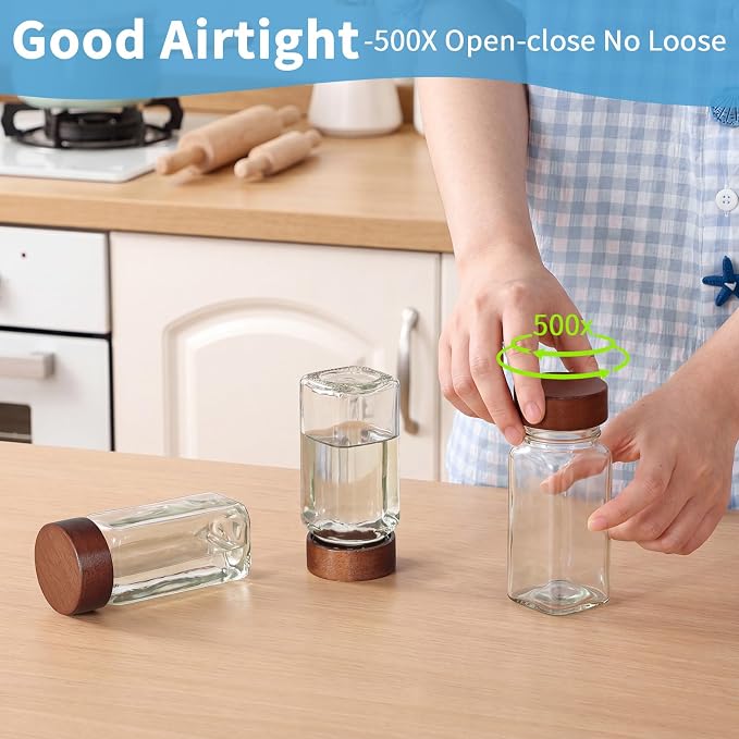 Glass Spice Containers for Kitchen: 14P 4oz Dishwasher Safe Jars | Durable Glass Jars for Cooking Enthusiasts- Airtight Acacia lid 500X Open-Close no Loose - Gift/Daily Use for Housewives