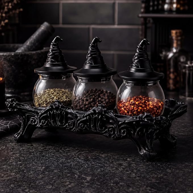 13'' Halloween Witchy Spice Jars Set 3 Pcs Large Gothic Vintage Apothecary Glass Jars with Witchy Hat Lids Home Kitchen Decoration Food Storage Container Herb Tea Salt Spice Pepper Display