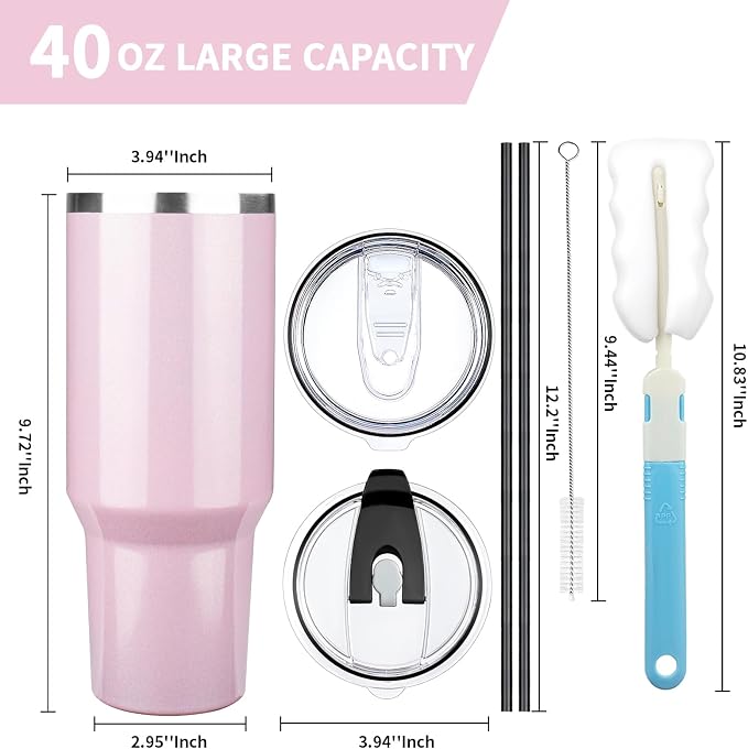 40 oz Tumbler with Lids and Straws, Stainless Steel Insulated Coffee Tumbler, Double Wall Vacuum Insulated Travel Mug Cup, Leakproof Thermal Coffee Cup for Hot and Cold Drinks (Glitter Pink)