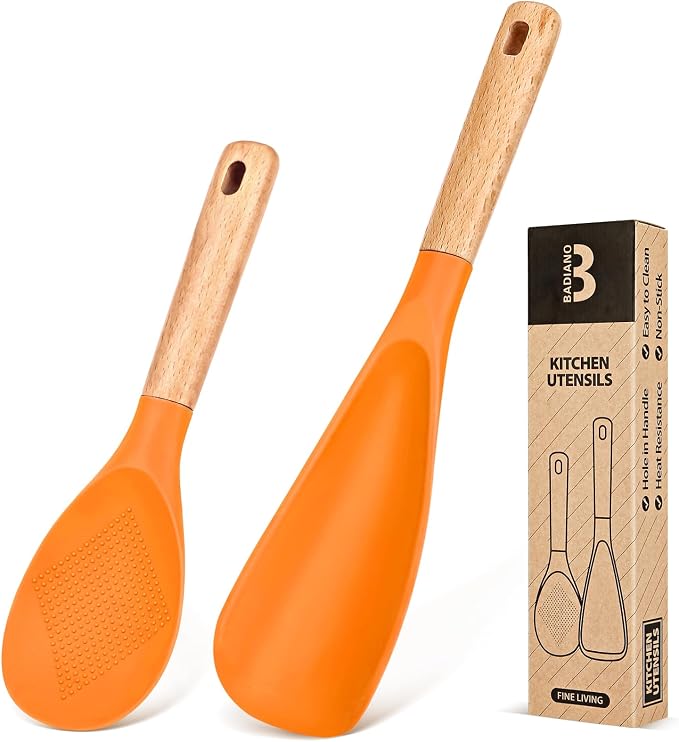 Cooking Spoon and Rice Scooper for Nonstick Cookware,Multi-function | Great for Cooking and Serving, Sturdy BPA-Free Matte Silicone, Wood Handle Spoon for Mixing, Scoop, and Scrape,9.3"+14.3"