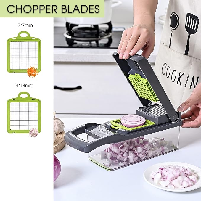 Vegetable Chopper with Container 13-in-1, 7 Blades Food Dicer Veggie Slicer | Onion, Tomato, Salad, Slap, Fruit Cutter with Sharp Stainless Steel Blades, All-in-One Kitchen Prep Tool