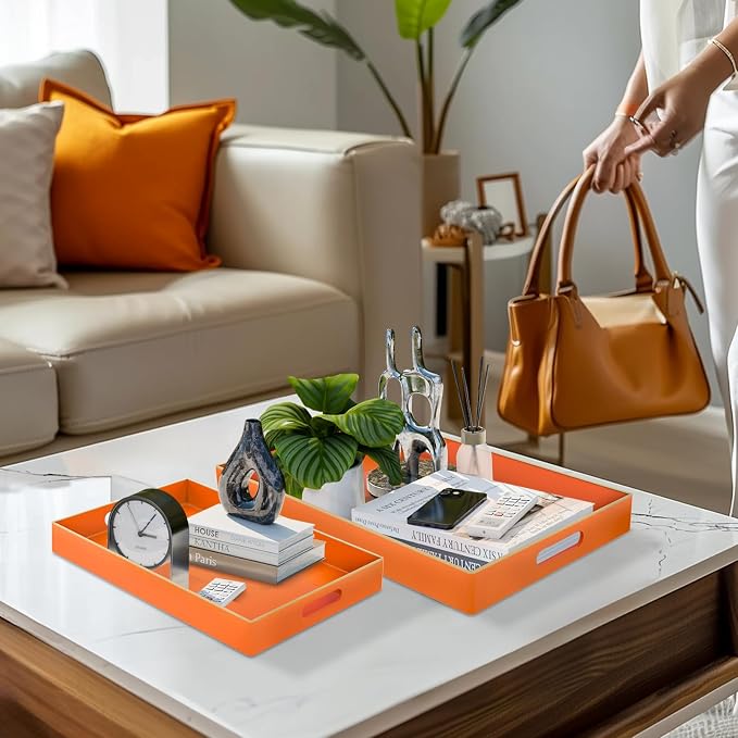 Orange Serving Tray with Handles, Plastic Decorative Tray Set of 2 | Decorative Tray for Coffee Table, Modern Ottoman Tray, Rectangle Melamine Tray for Living Room, 15.8"L x 10.2"W x 1.4"H